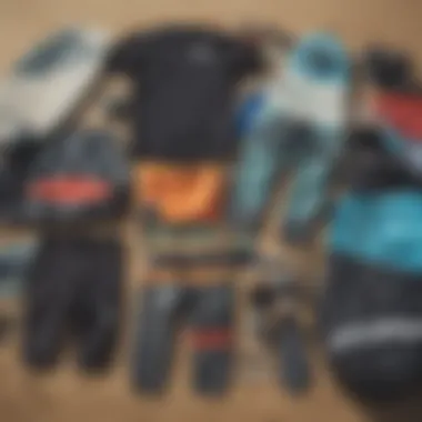 A close-up of surf gear including wetsuits and accessories ready for use