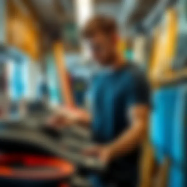 Surfer selecting the right pair of surf slippers at a store