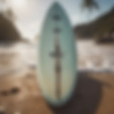 Surfboard and custom Vans shoes on the beach