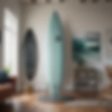 An elegant metal surfboard stand in a contemporary living space