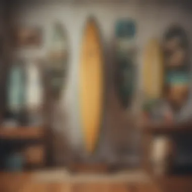 A creative surfboard display using a vintage-style stand indoors