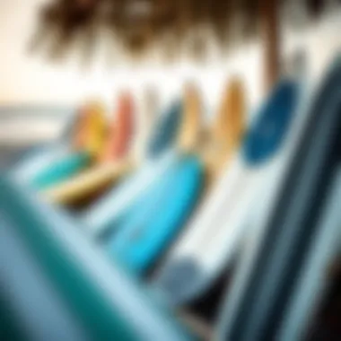 Diverse Surfboard Selection An array of high-performance surfboards displayed on the beach