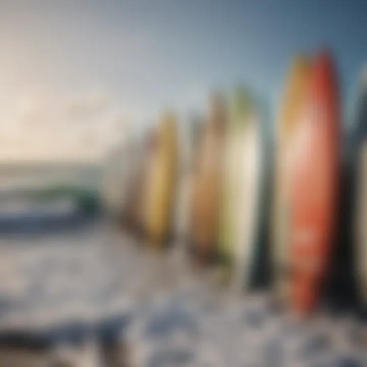 An array of surfboards displayed against a backdrop of the ocean waves