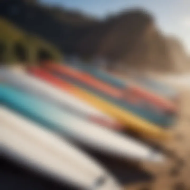 A close-up of surfboards lined up on the beach