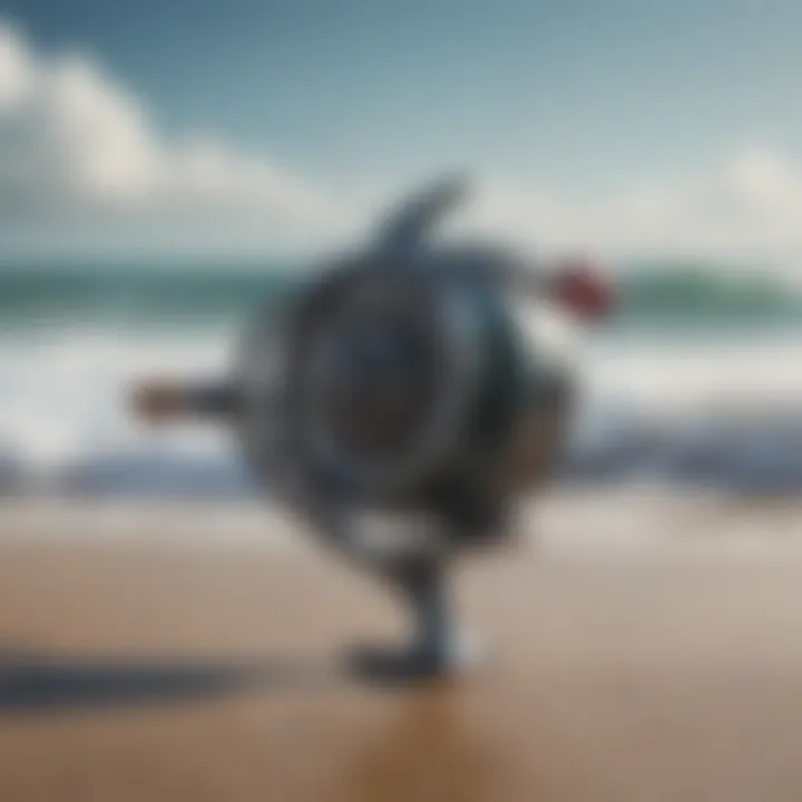 A surfcasting enthusiast using a Penn long cast reel on the beach.