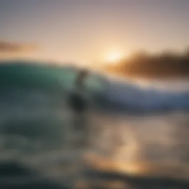 A surfer riding a wave at sunset