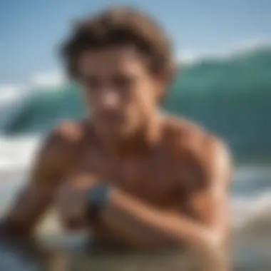 Surfer checking G-Shock tide watch before hitting the waves