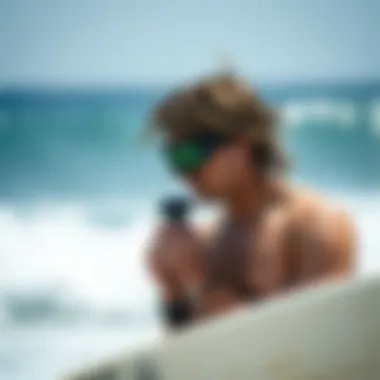 Wind Conditions Assessment for Surfers Surfer checking wind conditions before hitting the waves