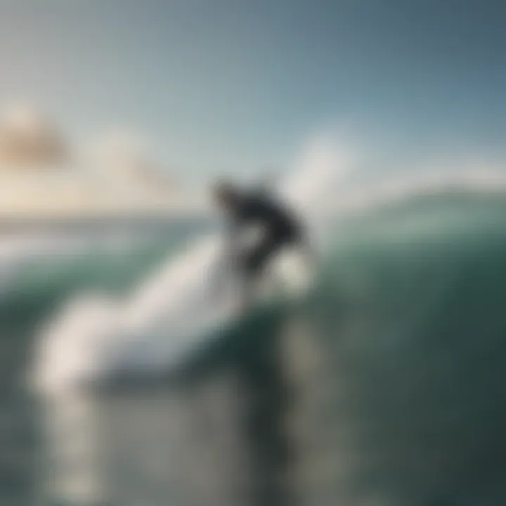 A surfer skillfully maneuvering on a wave with a single fin surfboard.