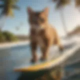 A cool cat riding a surfboard on a sunny beach