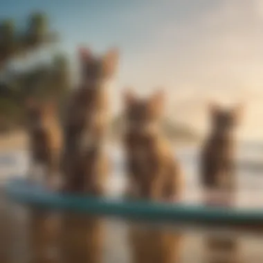 A group of surfercats enjoying a beach day