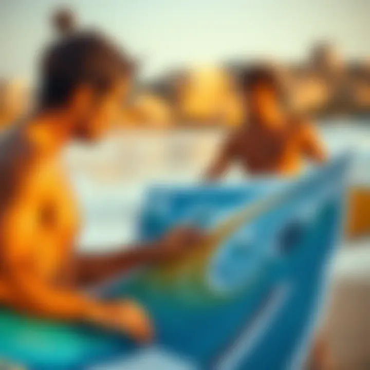 Surfers interpreting wave maps at the beach