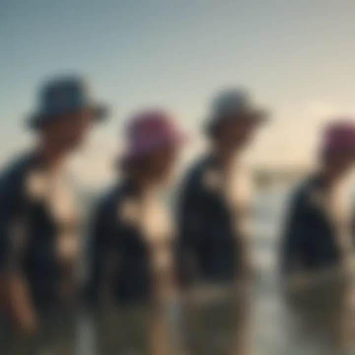 Group of surfers wearing stylish surf bucket hats