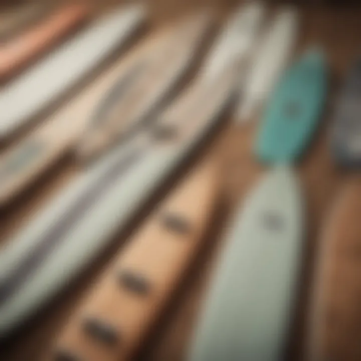 Detailed view of surfboards and skateboards showcasing design elements