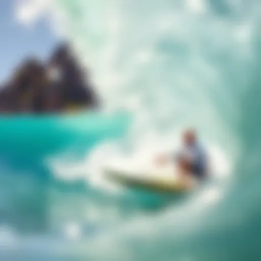 Dynamic shot of a surfer riding a wave with a camera capturing the action