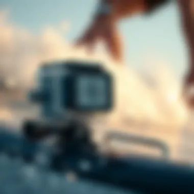 Close-up of a high-tech surfing camera with water-resistant features
