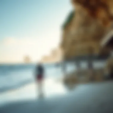 A scenic beach landscape showcasing surfers and camera setups