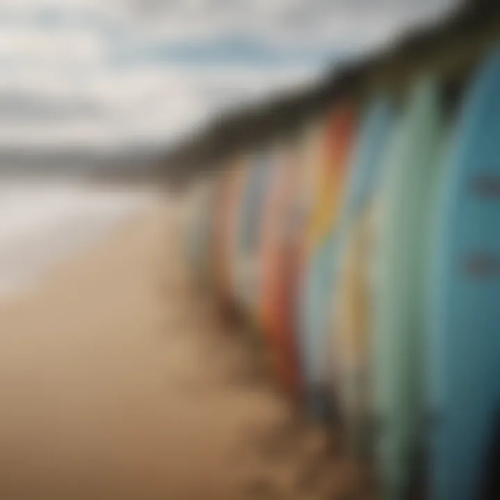 Surfboards lined up on the beach ready for action