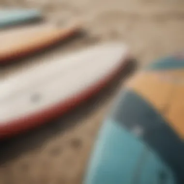 Essentials for Surfing: Boards and Speedos Close-up of surfboards and speedos on the beach, highlighting practical gear