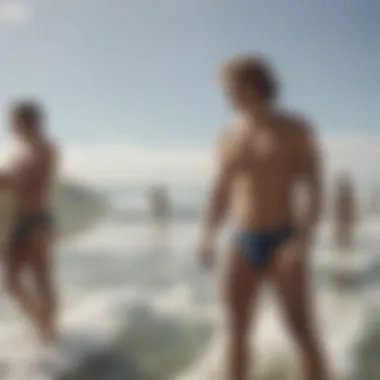 Surf spot scene illustrating social interactions among surfers in speedos