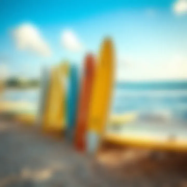 Surfboard lineup on the sandy beach of Ala Moana