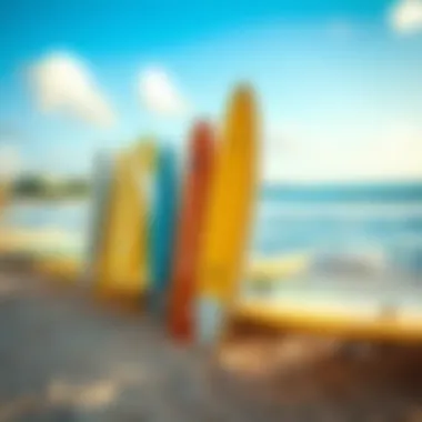 Surfboards Ready for Adventure at Ala Moana Surfboard lineup on the sandy beach of Ala Moana