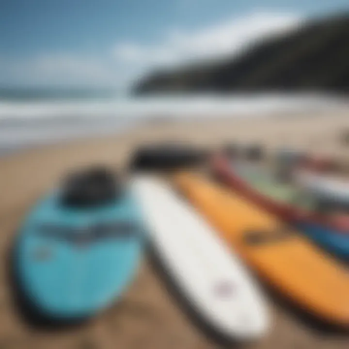 Essential surf equipment laid out on the beach