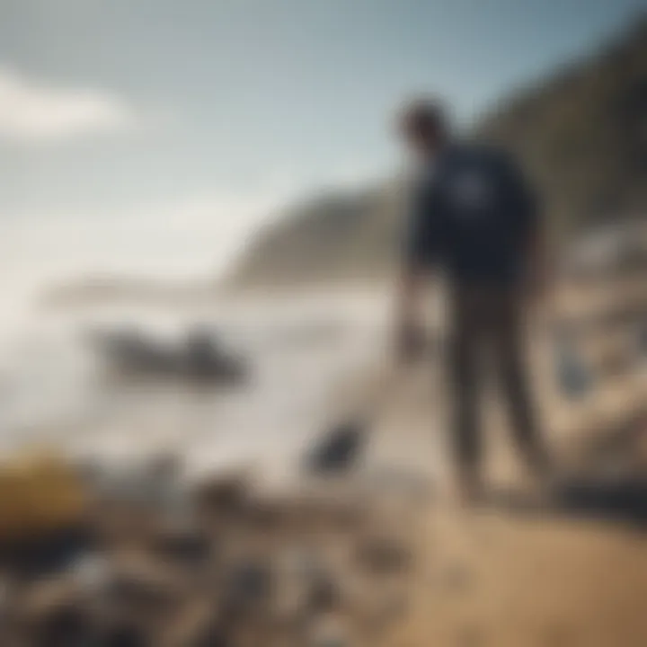 A dedicated volunteer cleaning up a beach, surrounded by collected debris