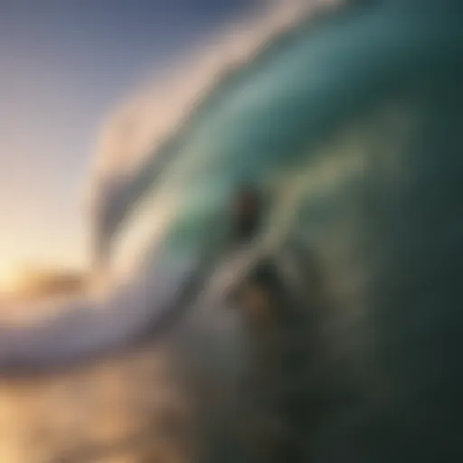 A breathtaking view of a surfer riding a wave at sunset