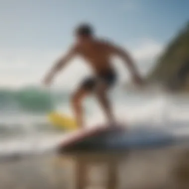 Riders showcasing various skimboarding techniques on the beach