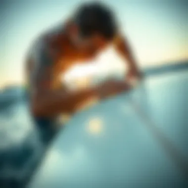 Close-up of surfboard wax application