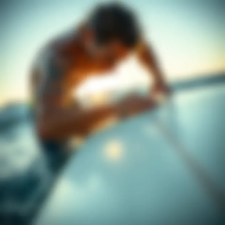 Close-up of surfboard wax application