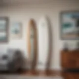 Artistic display of a surfboard mounted on a living room wall