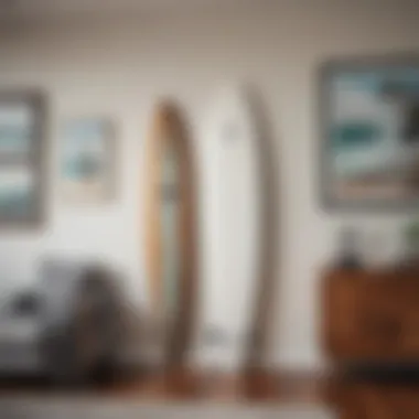 Artistic display of a surfboard mounted on a living room wall