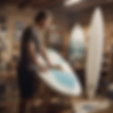 An artist applying paint to a surfboard in a creative studio environment.