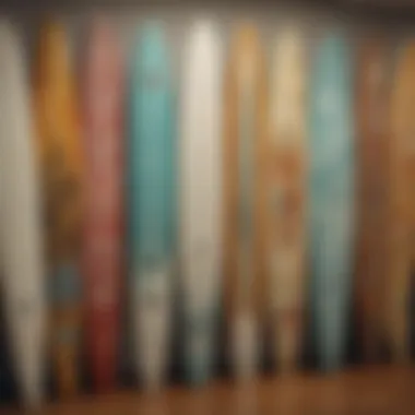 A gallery display showcasing various surfboard paintings as a form of artistic expression.