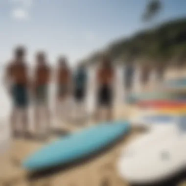 A group of surfers admiring custom-painted surfboards on the beach.