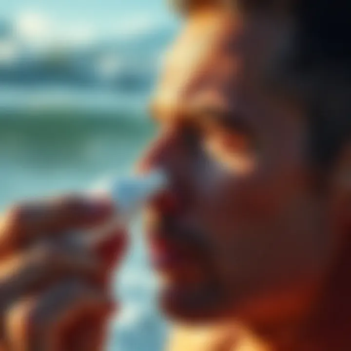 Applying Nose Sunblock for Protection Close-up of a surfer applying nose sunblock before hitting the waves