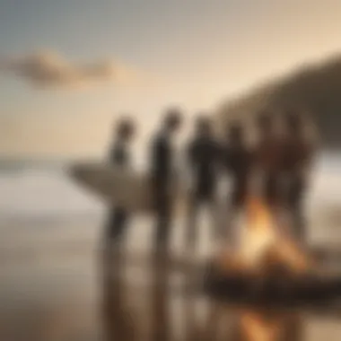 Group of surfers enjoying a beach bonfire