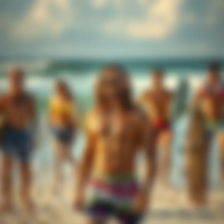 Embodying Luxury in Surf Culture A fashionable beach scene highlighting premium surfwear lifestyle