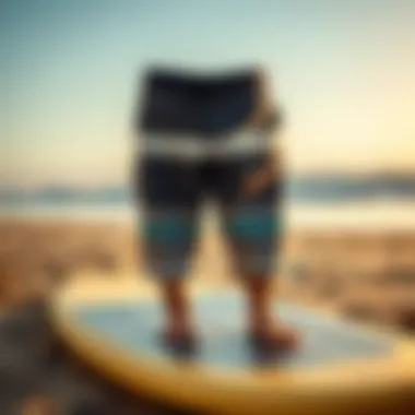 The Perfect Blend of Fashion and Function Stylish board shorts displayed on a surfboard at the beach