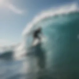 A surfer skillfully balancing on a surfboard above the water