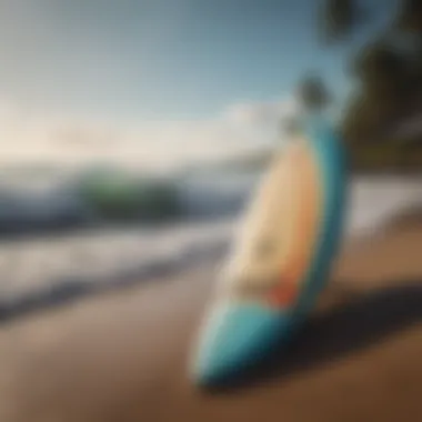 A vibrant surfboard displayed on the beach with ocean waves in the background