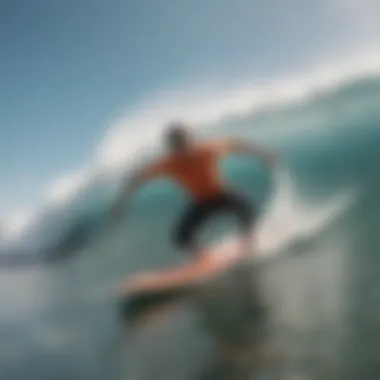 A surfer wearing safety gear while catching a wave