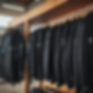 Close-up of high-quality wetsuits hanging on a rack