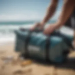 A surfer storing essentials in a waterproof pouch before hitting the waves