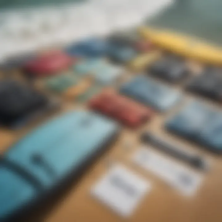 A variety of waterproof pouches laid out on a surfboard, highlighting options for surfers