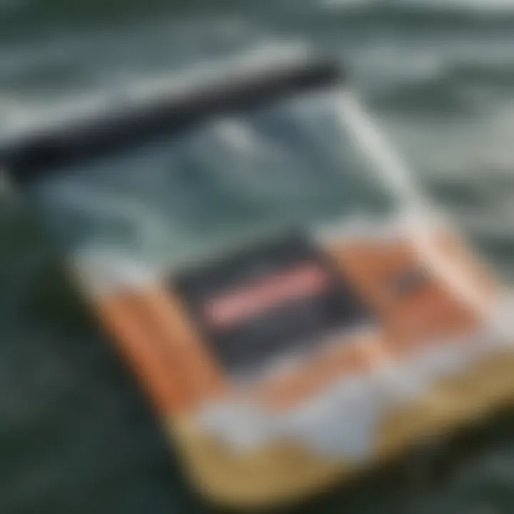 Close-up of a waterproof pouch showcasing its features and durability