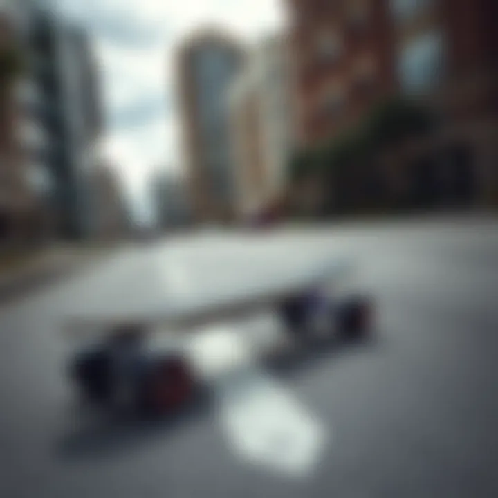 A modern electric skateboard gliding through an urban landscape