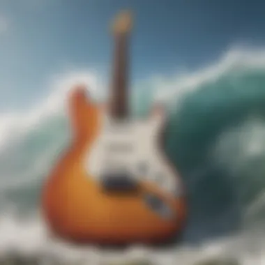 An electric guitar set against the backdrop of crashing waves, symbolizing the fusion of music and surfing.